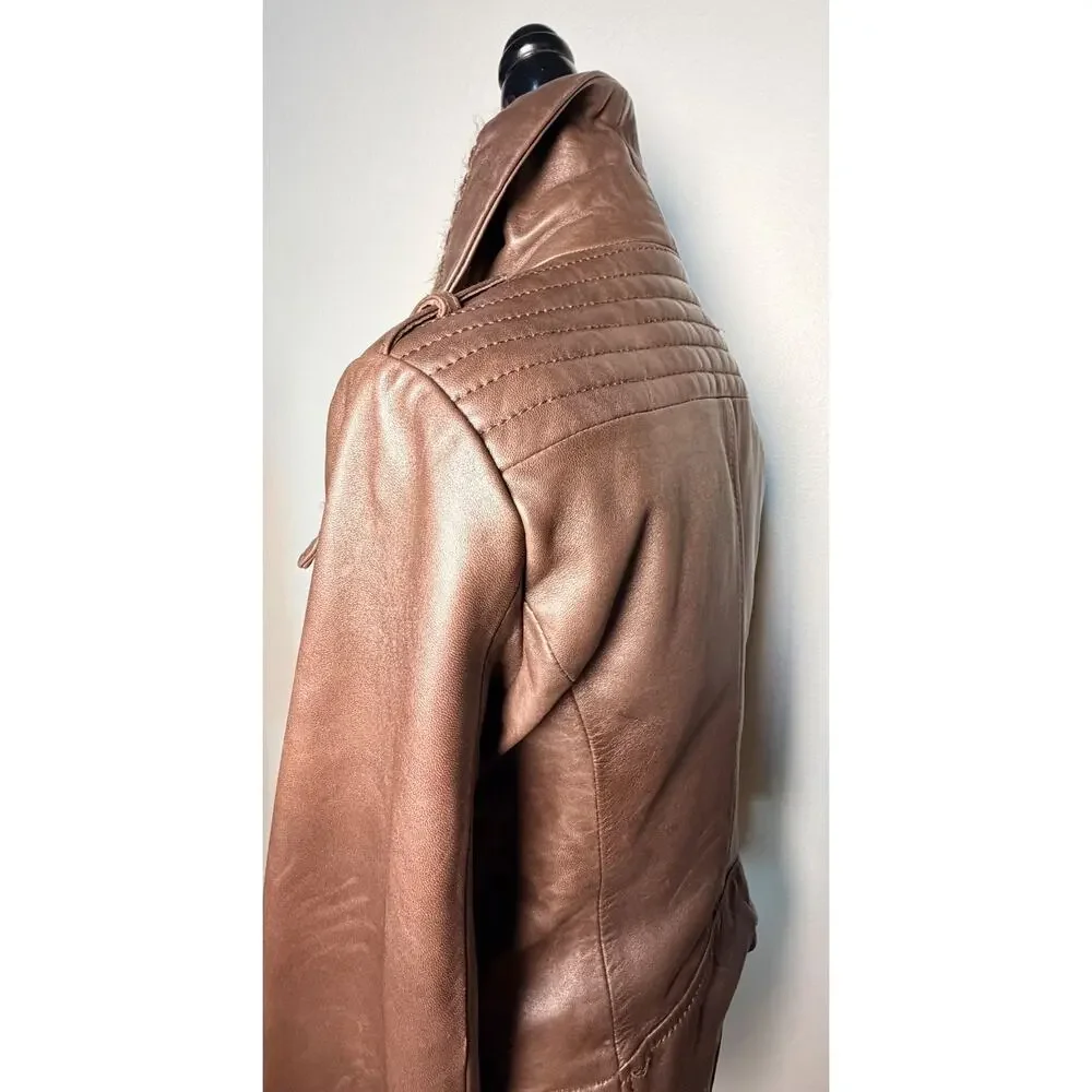 MK Michael Kors Brown Genuine Leather Moto Jacket Asymmetric Zip Knit Coll